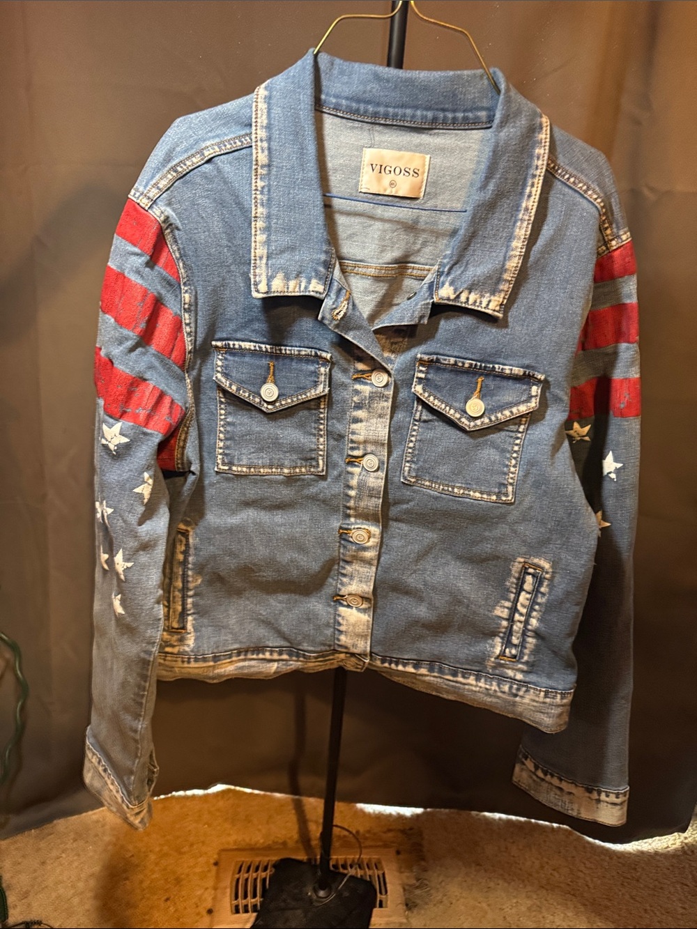Vigoss Blue Denim Jacket with Red Sleeve Stripes and White Stars